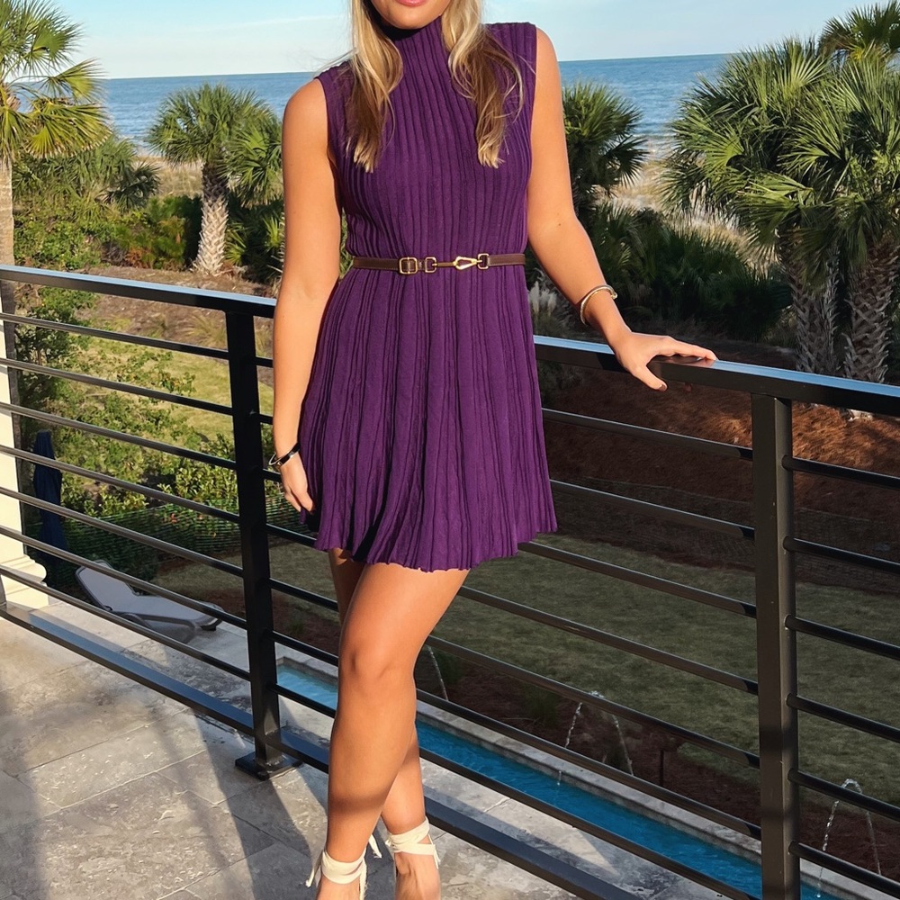 Holiday dress mock neck purple dress light sweater material